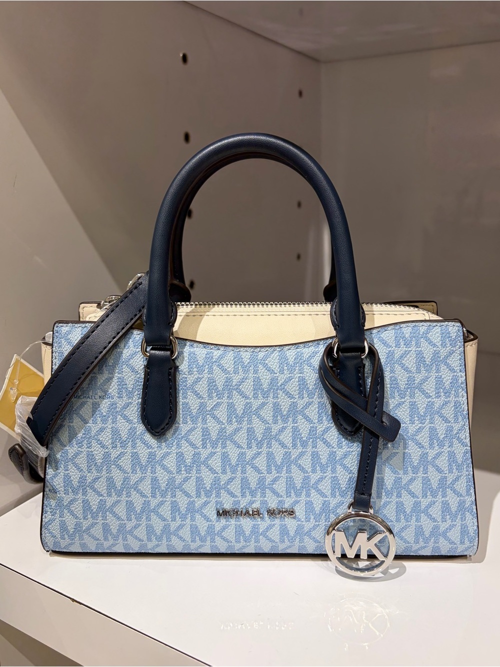 Michael Kors Light Blue Signature Satchel Crossbody with Navy Trim